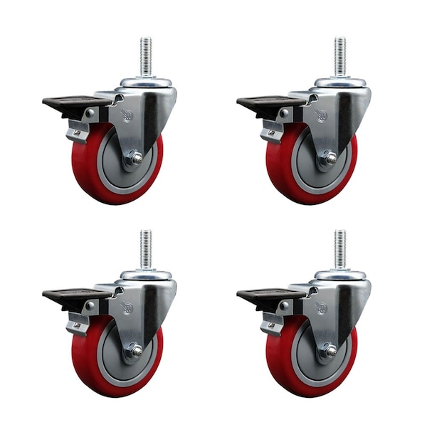 Service Caster 4 Inch Red Polyurethane Wheel Swivel 58 Inch Threaded Stem Caster Set with Brake SCC SCC-TS20S414-PPUB-RED-PLB-58212-4 - main
